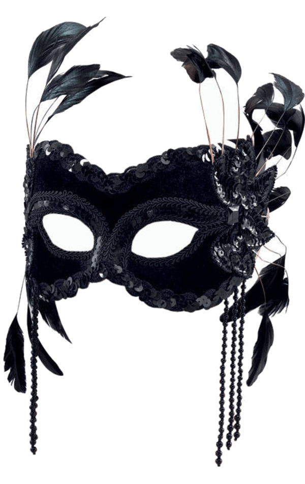 Gesichtsmaske aus schwarzem Samt mit Federn