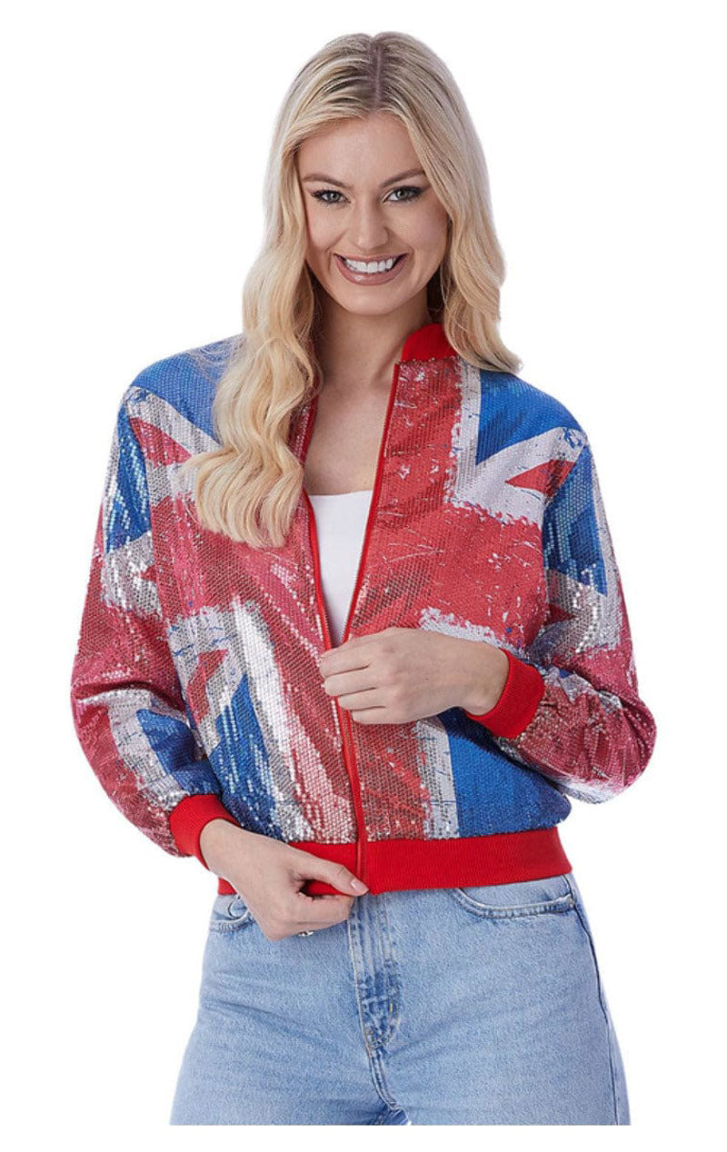 Damen Union Jack Pailletten Bomberjacke