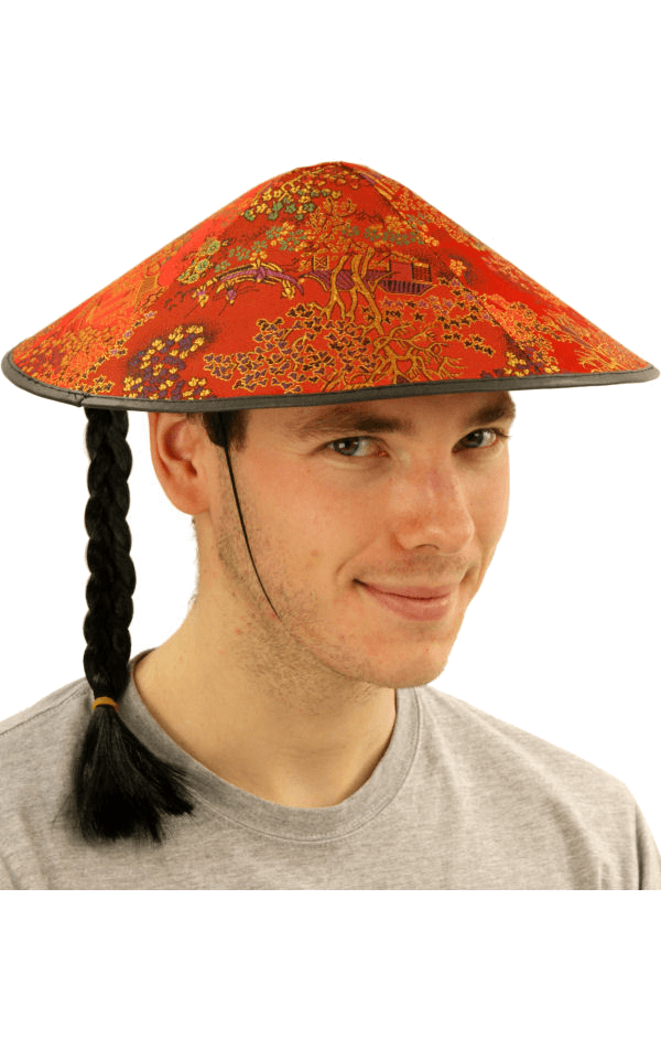 Chinesischer Kuli-Hut mit Zopf