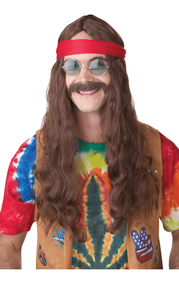 Braune Hippie-Mann-Perücke und Schnurrbart