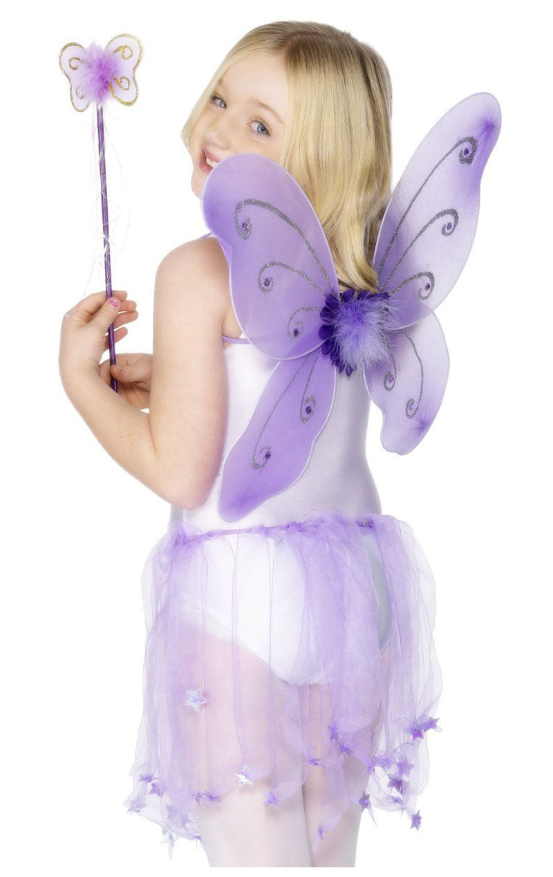 Lilafarbenes Schmetterlingsflügel- und Zauberstab-Zubehörset für Kinder