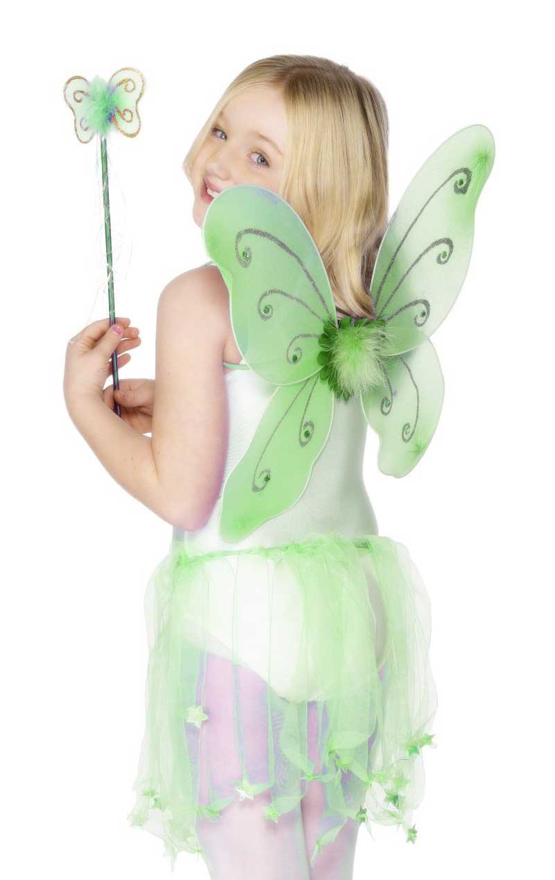Grüne Schmetterlingsflügel und Zauberstab für Kinder